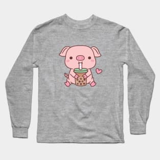 Cute Little Pig Loves Bubble Milk Tea Long Sleeve T-Shirt